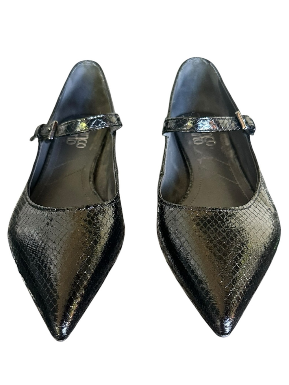 FRANCO SARTO Nalin Black Snakeskin Patent Leather Pointed Toe Mary Jane Flats - Picture 6 of 10